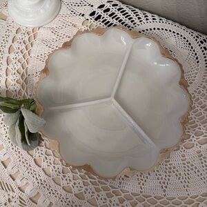 Elegant White milk glass and Gold Divided Serving Dish